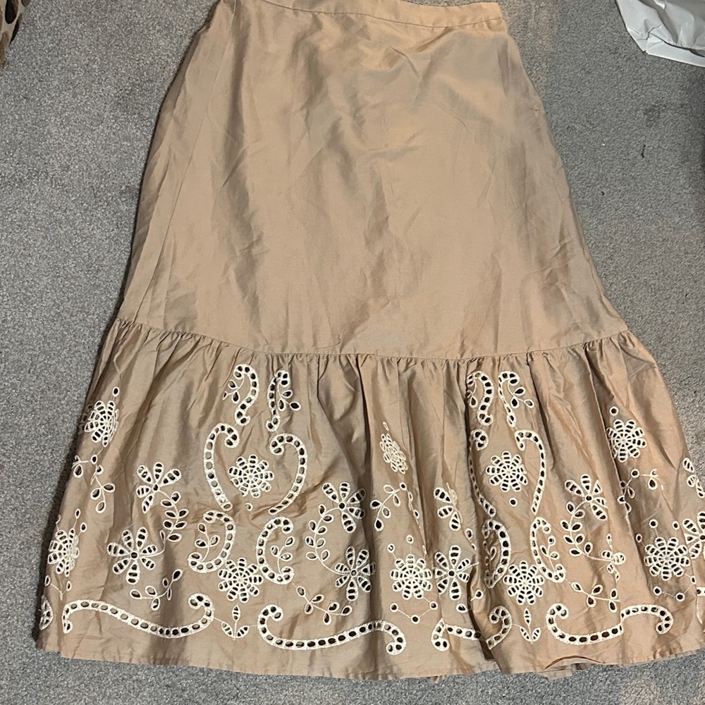Moon River Tan Midi Skirt with White Embroidery